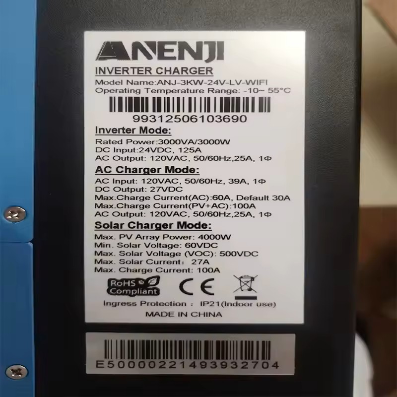 Anenji Inversor Solar hibrido 3KW 110V 100A PV500V